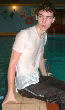 beach pants and tee shirt in pool